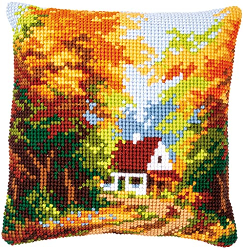 Vervaco Kreuzstich Stickpackungen Kissen Stickerei Set Anfänger Vorgedruckt Haus im Wald DIY Set Kreativ Set Für Erwachsene Dekoratives Kissen ca. 40 x 40 cm Bastelset Handwerker Haus Dekoration