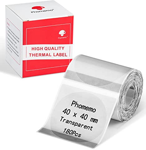Phomemo Runde Transparente Etiketten, Kompatibel mit M220 M250 M221 M120 M150 M108 M110 M421 Etikettendrucker für Verpackungen, Umschläge, Schachteln, 1 Rolle, 40x40mm, 180 Etiketten/Rolle