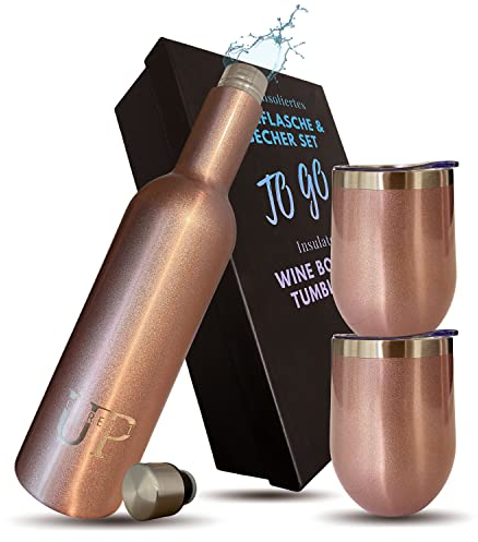 UP GREAT 3erSet Edelstahl Thermosflasche mit Becher und Deckel I Geschenk Geburtstag, Jahrestag, Einzug für Frauen Männer Kollegin I Wein Geschenkset I Thermobecher to go