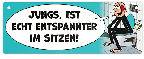 Bitte im sitzen pinkeln Metallschild L in 10,5x28cm im Comic-Stil in türkis