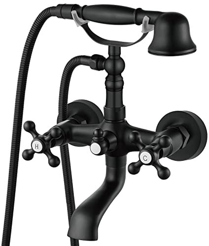 Aolemi Matte Black Wall Mount Bathtub Faucet with Hand Shower Sprayer Bathroom Tub Faucet Double Cross Handle Telephone Shaped Handheld Sprayer Shower Set Mixer Tap Vintage