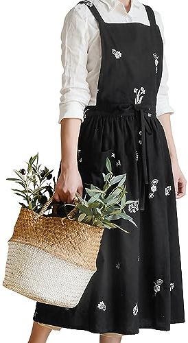 Small snail Japanischer Stil Frauen Baumwolle Blumenmuster Schürze Wasserdicht Kreuz Rücken Küchenschürze für Blumenladen Töpferei Crafting Ärmellose Schürzen mit Taschen, Schwarz
