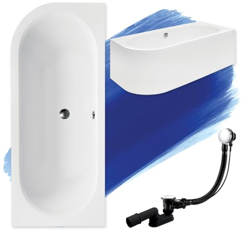 BADLAND Original Badewanne 170x75 cm Rechts Acryl KOMPLET KOMPLETTSET SET Schürze Siphon Wanne Eckwanne Ecke Eckbadewanne Weiß Design Modern Ablaufgarnitur in Chrom für 2 Personen Made in EU 4in1