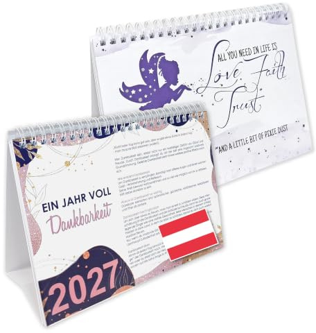 Tischkalender 2027 Österreich, A5 Tischkalender mit Sprüchen + 1 Jahr Dankbarkeit, Wochenplaner 2027, Sprüche Kalender