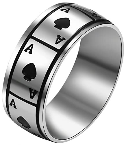 JewelryWe Schmuck Herren Damen Ring, 8mm Pik Ass Pokerkarten Glücksring Edelstahl Pik-Ass Spielkarten Band Bandring mit Gravur, Silber Größe 54