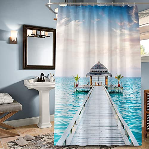 Musihy Duschrollo 120Cm, Duschrollo für Badewanne Blau Ozean und Pavillon Wasserabweisende Duschvorhänge Duschrollo Extra Lang