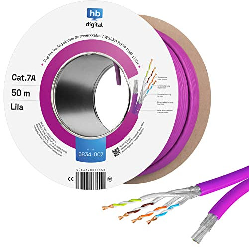 HB-DIGITAL 50m Netzwerkkabel LAN Duplex Verlegekabel Cabel cat.7a max. 1200MHz Reines Kupfer S/FTP PIMF LSZH Halogenfrei RoHS-Compliant AWG23 (2 verbundene Strängen) Lila