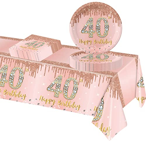 POPOYU 40. Geburtstag Partygeschirr Set,37 Stück Pappteller 9 Zoll Servietten Tischdecke 40. Geburtstag Frau,Roségold Geburtstagsdeko für 40. Geburtstag Frauen Party Dekoration Partyzubehör