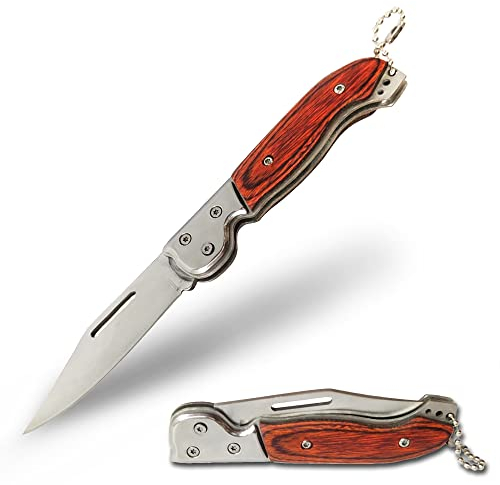 MOANATURA Navaja Pequeña Mango Madera con Funda. Cuchillo Plegable de Bolsillo o Llavero, Navajas Montaña, Campo, Supervivencia, Caza, Pesca, Setas, Senderismo, Camping o en tu Caravana. (Modelo 1)