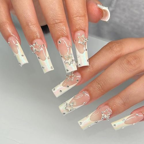 NICENEEDED 24 PCS Long Square Star Rhinestone Press on Nails, Glossy Acrylic False Nails for DIY, White Nail Tip Full Cover Stick on Fake Nails for Women Halloween