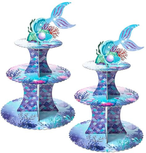 Soleebee Supporto per torte in cartone, 3 ripiani, supporto per cupcake, supporto per dolci, torre, muffin, accessorio per feste di compleanno, matrimonio, feste, torte, panini (2 pezzi, sirena C)