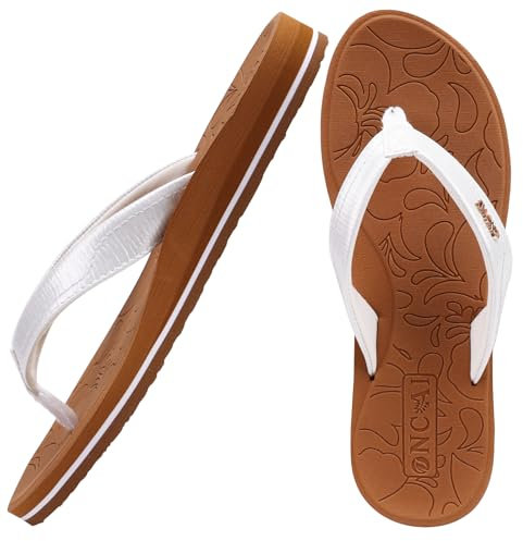 ONCAI Tongs Femmes,Yoga Mat Anti-dérapant Tongs mode Sandales Plage d'été Pantoufles avec soutien de la voûte plantaire Semelles Eva légères Couleur Blanc et kaki Taille 40