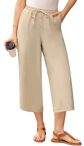 Wayleb Femme Pantalon Solide Ample Jambe Droite Pantalon Femme Été Pantacourt Cargo Pantalons Elastique Pantalon Femme Chic 3/4 Coupe Évasé