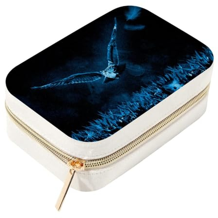 RODAILYCAY Blue Hunt Night Nature Eule Maus Reißverschluss-Schmuck-Reise-Box, Samt-Schmuck-Organizer mit abnehmbaren Fächern, ideal für Halsketten, Ringe, Ohrringe, Armbänder