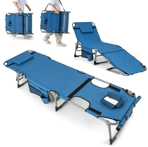GOPLUS Sonnenliege klappbar, Gartenliege mit Gesichtsöffnung und Kissen, inkl. Seitentasche, Liegestuhl mit Verstellbarer Rückenlehne und Fußstütze, Relaxliege für Garten Strand Camping (Blau)