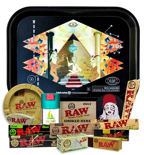 Rolling Tray Rick and Morty original 27.5 x 17.5 cm + Airtight Tin + RAW Ashtray + Raw Papers Kingsize Organic, Black, Classic, 5 Meters + Tips + Raw Cones Kingsize + Stickers – Gift for Smokers