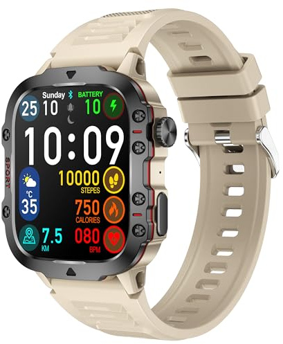 findtime Militär Outdoor Smartwatch mit Telefonfunktion Herren Fitnessuhr Schrittzähler Uhr mit Herzfrequenz-/Blutdruckmessung Schlafmonitor Sportmonitor von Kalorienverbrauch Kilometerstand, Beige