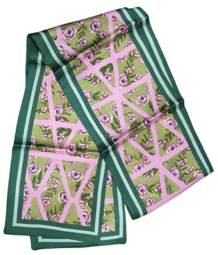 GIMIRO Satin Seidenschal Doppelschichten 150 x 16cm Krawatte Blumen Taillengürtel für Blazer, Mantel, Kleid (15# Green/Rose Floral)