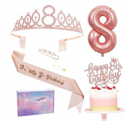 Rose Gold 8th Birthday Decorations for Girl - Sash, Tiara, Foil Balloon, Cake Topper & Candle