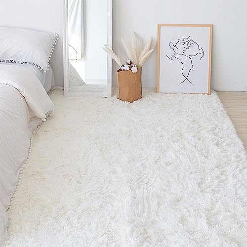 Swsen Teppich Wohnzimmer Super Weich - Shaggy Teppiche Flauschig Anti-Rutsch Unterseite - Moderner Carpet Waschbar Langflor Hochflor Teppiche 80x120cm, Weiß