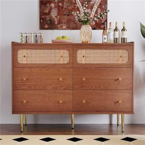 entapuk Schubladenkommode Kommode, Buffetschrank mit 6 Schubladen, Rattan Sideboard Highboard für Schlafzimmer & alle Wohnräume, Nussbaum -H90/B120/T40 cm