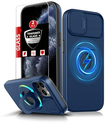FRLMOOES Funda para iPhone 11 Pro Compatible con MagSafe Carga Inalámbrica Magnética,con 2 Protector Pantalla,Cubierta Cámara integrada,Soporte de Anillo,Protección Resistencia,Absorbente Golpes Azul