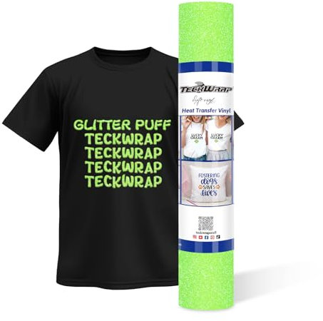 TECKWRAP Glitter Puff HTV 3D Puff Glitter Heat Transfer Vinyl Roll 10 x 5ft for DIY Clothing,T-Shirts,Fabric Neon Green Puffy Iron on Vinyl Compatible with Heat Press Craft Cutters, Neon Green