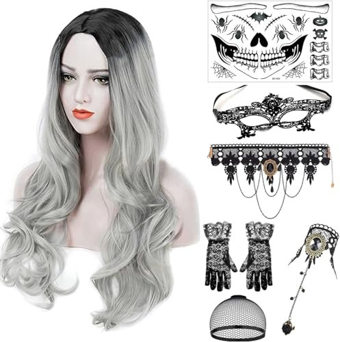 PORSMEER Perücke Halloween Damen,Halloween Accessoires Damen,Lange Graue Gewellte Perücke Damen,Kann mit Halloween Kostüm Damen, Geeignet für Halloween, Karneval, Maskerade und Cosplay