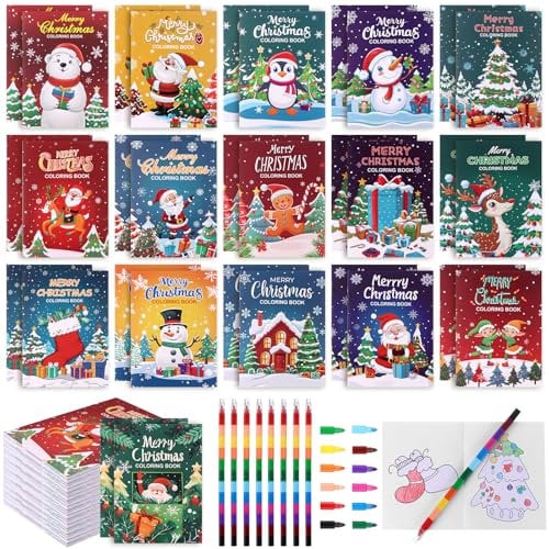 RUIYELE 32 Stücke Weihnachten Mini Malbücher für Kinder Malhefte mit Bunte Stapelbare Wachsmalstifte Coloring Books Party Mitgebsel Ausmalbücher für DIY Geschenk Mitgebsel Geburtstag