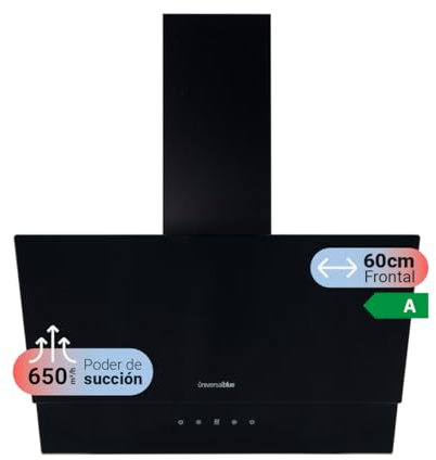 UNIVERSALBLUE Campana Extractora Decorativa Cristal Negro 60 cm | Extractor Eléctrico Aire y Humo Cocina 650m³/h | Clase A | Control Táctil Incluidos
