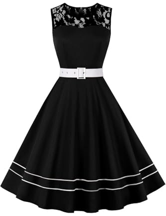 AXOE Damen 50er Jahre Kleid A-Linie mit Spitze & Gürtel | Baumwolle, Vintage Rockabilly Stil, Ärmellos, Knielang, Größen S-4XL, für Hochzeit, Cocktail, Gartenparty, Festlich & Büro
