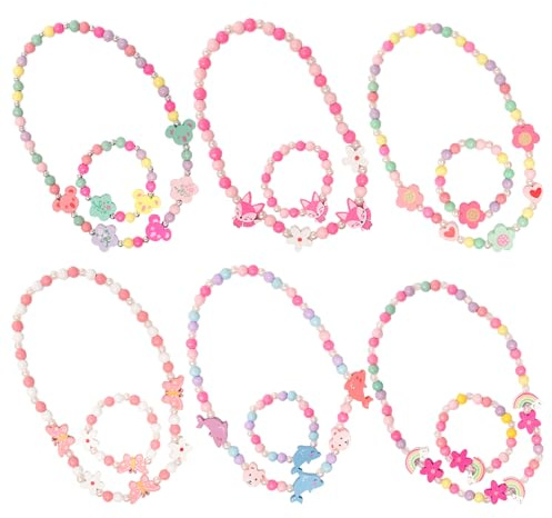 Sxutop 6 Stück Armbänder Mädche und 6 Holz Halskette Kinder Schmuck Kinder | Bunte Perlen Freundschaftsarmband Holz Schmuck Kinderkette Kinder Armbänder Armband Kindergeburtstag Mädchen Geschenke