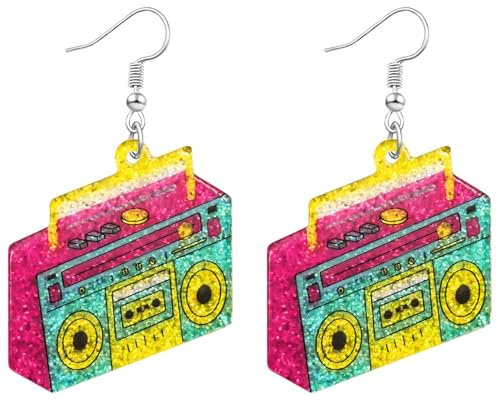 YUYWWAN Ohrringe Kassette, Vintage Neon Damen, Lustige Hängeohrringe Retro Earrings für 70er 80er 90er Jahre Karneval Party Accessoires