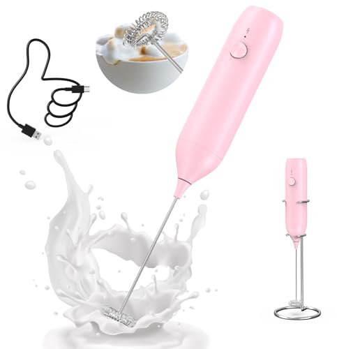 CIRCLE JOY Ricaricabile Frullino Montalatte con Supporto, Montalatte Elettrico Mini Schiumatore per Latte, Cappuccino, Matcha, Cioccolata Calda, Rosa