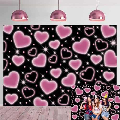 Toile de fond pour photo en forme de cœur rose et noir du début des années 2000 - Bannière de décoration pour fête d'anniversaire de mariage - 210 x 150 cm