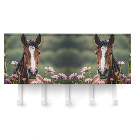 HETVBNS Wandmontierter Schlüsselhalter mit 5 Haken, selbstklebende Schlüsselhaken, Pferde und Blumen, Schlüssel-Organizer für Wand, dekorativer Schlüsselaufhänger, Hängeregal für Flur, Eingangstür