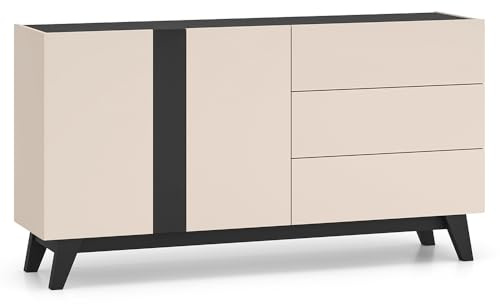 Lomadox Wohnzimmer Sideboard 160 cm breit in Kaschmir mit schwarz modern 3 Schubladen 2 Türen Möbelfüße grifflos Softclose Einlegeböden