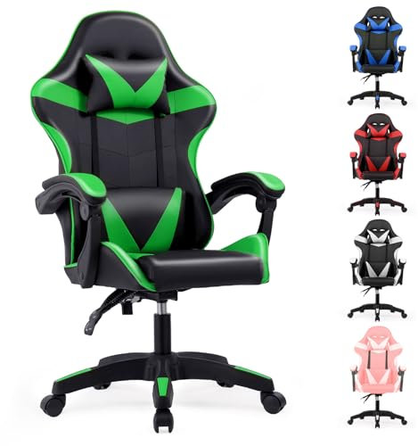 Lishetimig Gaming Chair, Computer Chair with Lumbar Cushion, Headrest, Height-Adjustable Ergonomic Gaming Chairs for Home, Office (Green)