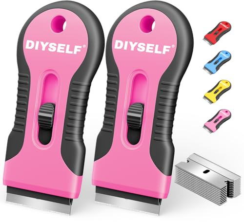 DIYSELF 2er-Set Ceranfeldschaber, Glasschaber ausziehbar, 10 Ersatzklingen | Glaskeramik Schaber, Ceranfeld Kratzer und Vignettenschaber mit Schieberegler für Herd, Fenster, Auto und Aufkleber, Rosa
