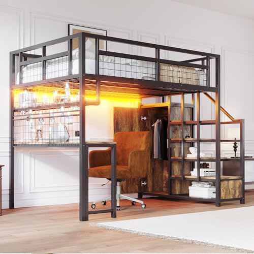 Merax Hochbett 140 x 200 cm Metall mit Schrank und Schreibtisch Multifunktionales Etagenbett mit Aufbewahrungsleiter Schwarz (ohne Matratze)