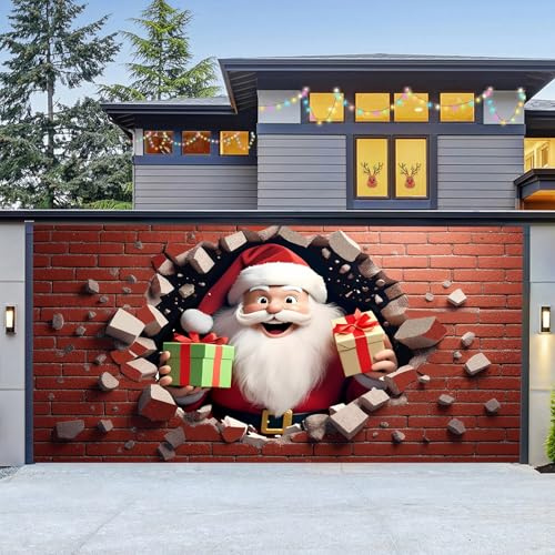 LEIDIMUS Weihnachts Garagentor Banner, Große Weihnachts Garagenhintergründe, Türwandbild, Outdoor Wandfoto Requisiten, Hintergrund, Hängender Hintergrund, Dekoration,Santa Claus,16 * 7FT