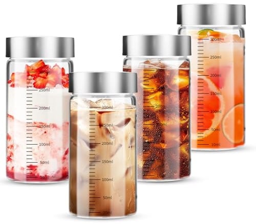 4er Glasflaschen 300ml mit Edelstahl Deckel,Smoothie Flasche mit Messskala,Wiederverwendbar Glaswasserflasche,Smoothie Becher to go für Säfte, Smoothies, Kaffee, Milch, Tee Glasflaschen zum Befüllen