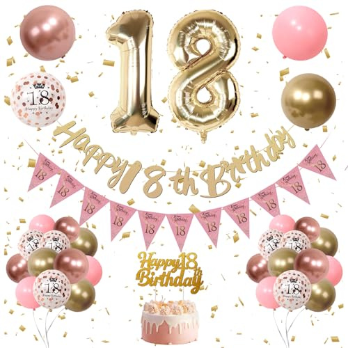 18th Birthday Decoration for women, Gold Happy Birthday Banner, Retro Pink Rose Gold Balloons,Confetti Latex Balloons Cake Topper for women Party Decorations