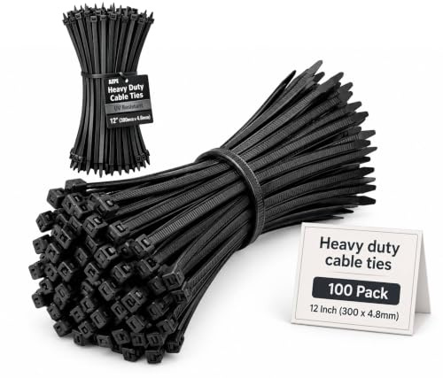 Heavy Duty Cable Ties 300 x 4.8mm, 100 Pack Black Nylon Zip Ties | Extra wide 4.8mm Heavy Duty Zip Ties, 22kg/50lbs tensile strength, UV Resistant Nylon Cable Ties for Indoor & Outdoor Use
