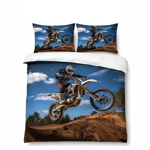 WSFST Motocross Bettwäsche Set – Motorrad Bettwäsche Jungen, Sport Design Mikrofaser Bettbezug 135x200 + Kissenbezug 80x80, Biker Bettwäsche Teenager