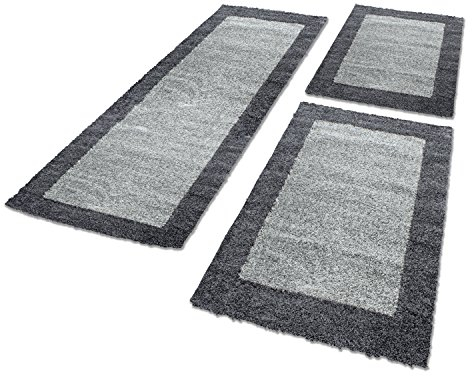 HomebyHome Bettumrandung Schlafzimmer 3 teilig Teppich Grau - Waschbarer Bettumrandung Teppich Läufer Set Extra Flauschig Bettvorleger Schlafzimmer Bettset:2 St. 80x150 cm | 1 St. 100x200 cm