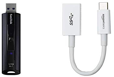 SanDisk Extreme PRO 128GB Solid State USB-Flash-Laufwerk USB 3.1 & Amazon Basics - Adapterkabel, USB-Typ-C-Stecker auf USB-Buchse, USB 3.1, 1. Generation, Weiß