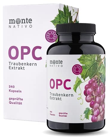 OPC Traubenkernextrakt Monte Nativo | 240 Kapseln, 800mg Extrakt mit 528mg OPC pro Tag | Vegan | OPC Kapseln - aus französischen und italienischen Weintrauben | OPC Kapseln hochdosiert | Herg. in DE