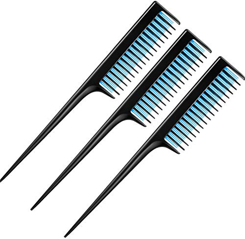 Leinuosen 3 Pcs Triple Teasing Comb for Women Plastic Rat Tail Comb Heat Resistant Pintail Tease Layer Tool for Thick Fine Hair Styling Backcombing Volume Structure(Black and Blue)