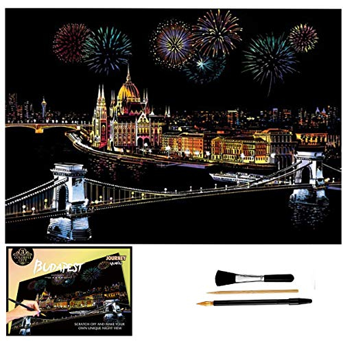 Scratch Art Rainbow Malpapier, Skizzenblock DIYNight View Scratchboard für Kinder & Erwachsene, Gravur Art & Craft Set, Scratch Painting Kreatives Geschenk, 16 '' x 11,2 '' mit 3 Werkzeugen (Budapest)